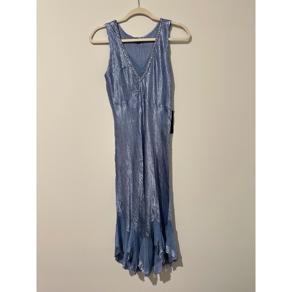 Komarov Blue Crinkle Pleated Sequin V-Neck Handkerchief Hem Midi Dress NWT L